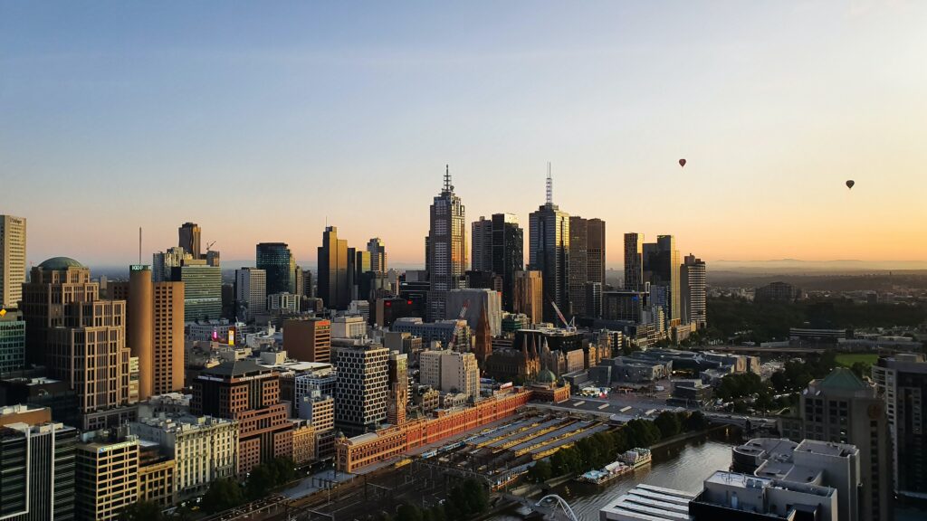 Skyline with sunrise, Melbourne, Australia